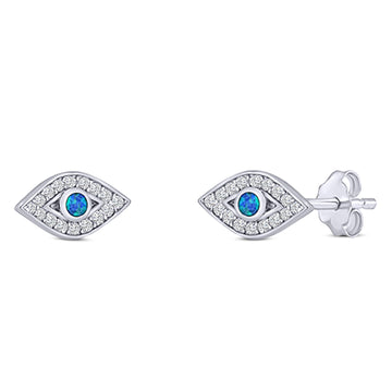 Halo Eye Stud Earring Simulated Cubic Zirconia Created Blue Opal Solid 925 Sterling Silver (5.8mm)